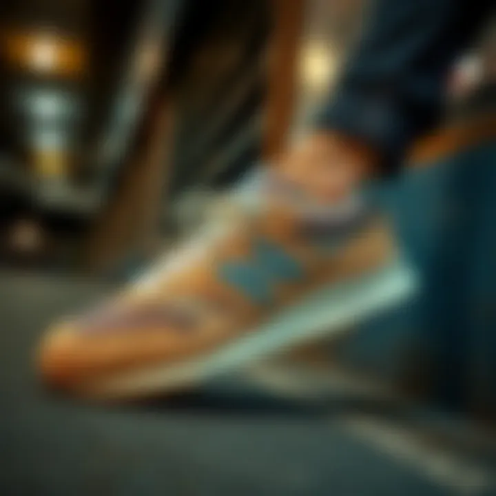 Stylish New Balance sneakers displayed in an urban setting.