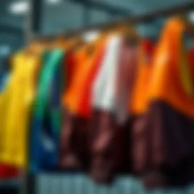 Colorful vests displayed on a rack