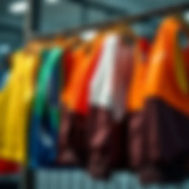 Colorful vests displayed on a rack