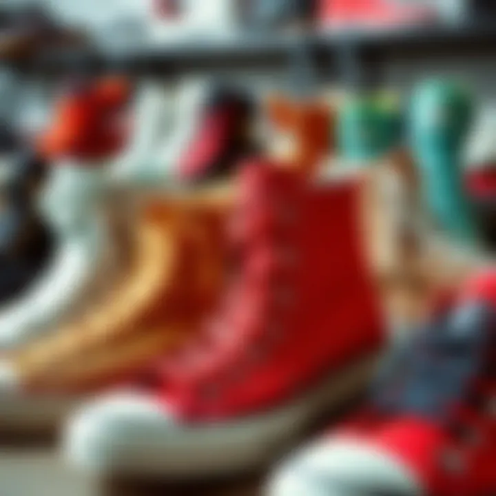 A collection of high-top shoes showcasing different styles and colors.