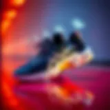A stylish athletic shoe displayed on a vibrant background