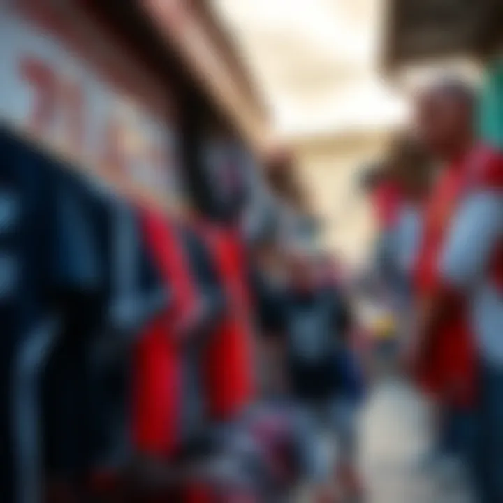 Local market scene in Diyarbakır with stalls selling sports jerseys.