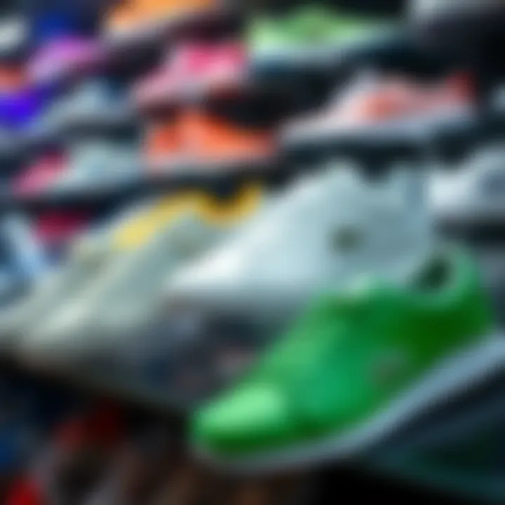 A vibrant Lacoste shoe selection on a retail shelf