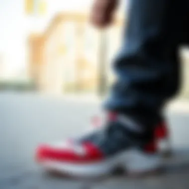 An individual wearing athletic shoes paired with stylish attire.