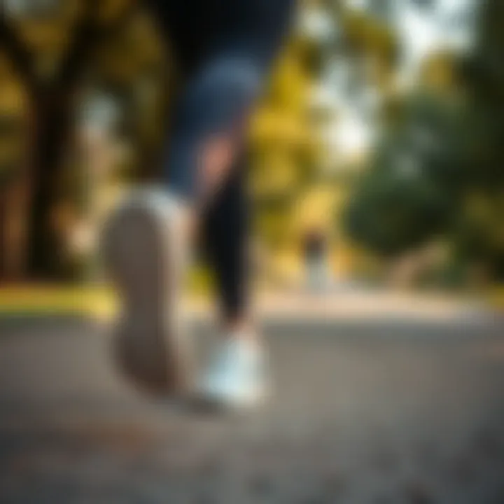 A woman jogging in white athletic shoes in a park
