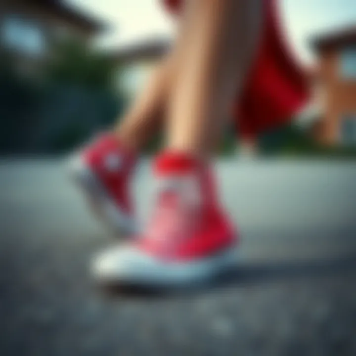 Outdoor scene featuring red short Converse in action