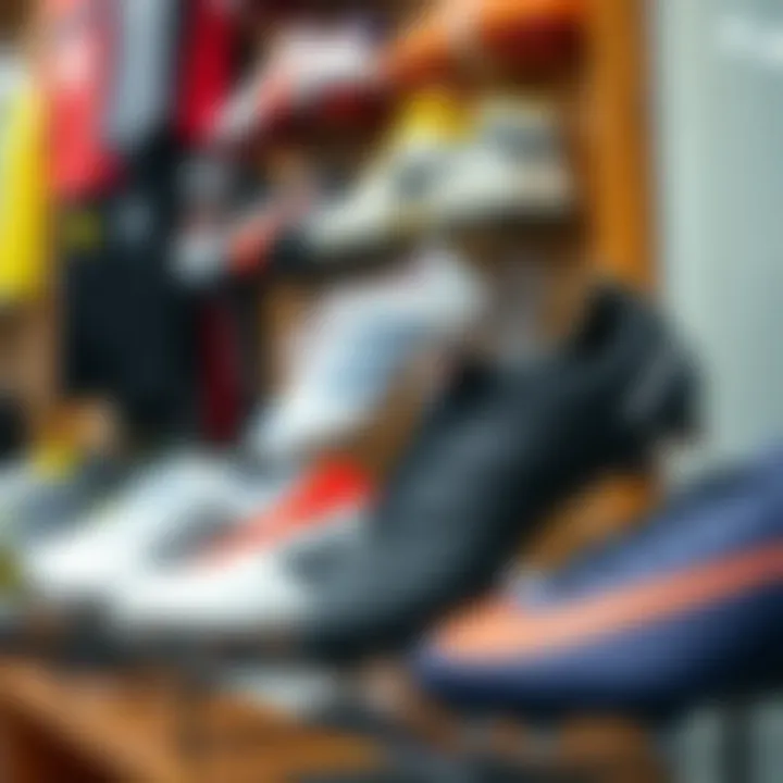 A variety of soccer cleats displayed in a sports store