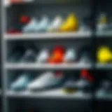 Various types of cleats displayed on a shelf