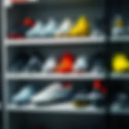 Various types of cleats displayed on a shelf
