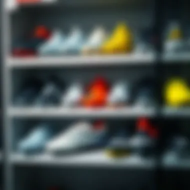 Various types of cleats displayed on a shelf