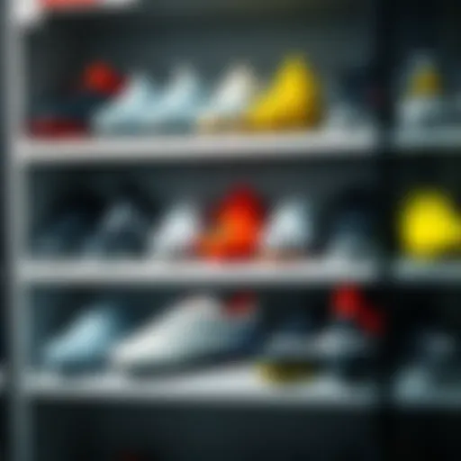 Various types of cleats displayed on a shelf