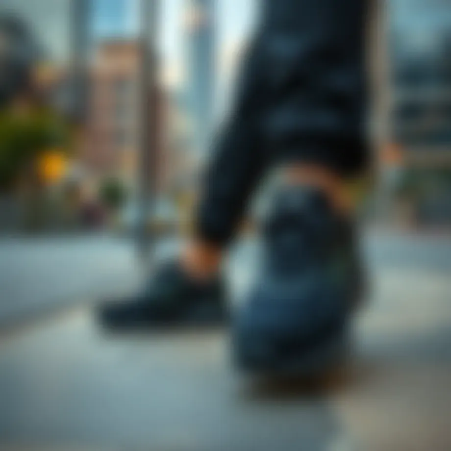 Elegant black Lotto sports shoes on a dynamic urban backdrop