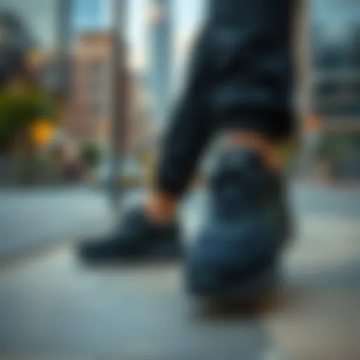 Urban Elegance of Lotto Black Shoes Elegant black Lotto sports shoes on a dynamic urban backdrop