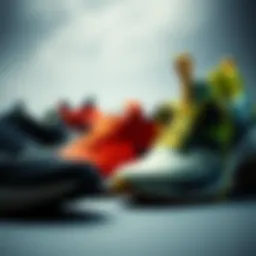 A dynamic composition showcasing various types of sports shoes designed for performance.