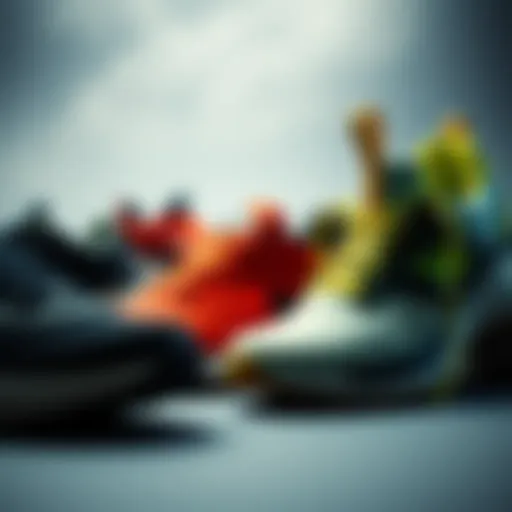 A dynamic composition showcasing various types of sports shoes designed for performance.