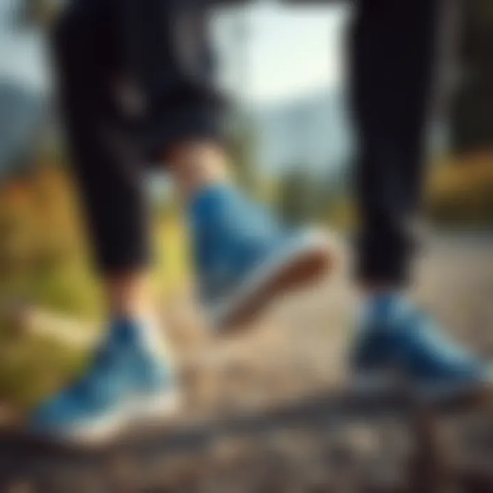 Man pairing blue sports shoes with casual attire in a natural setting