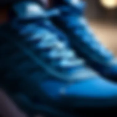 Close-up of blue athletic sneakers showcasing intricate design details