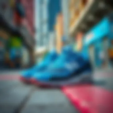 A stylish pair of blue sports shoes on a vibrant urban background