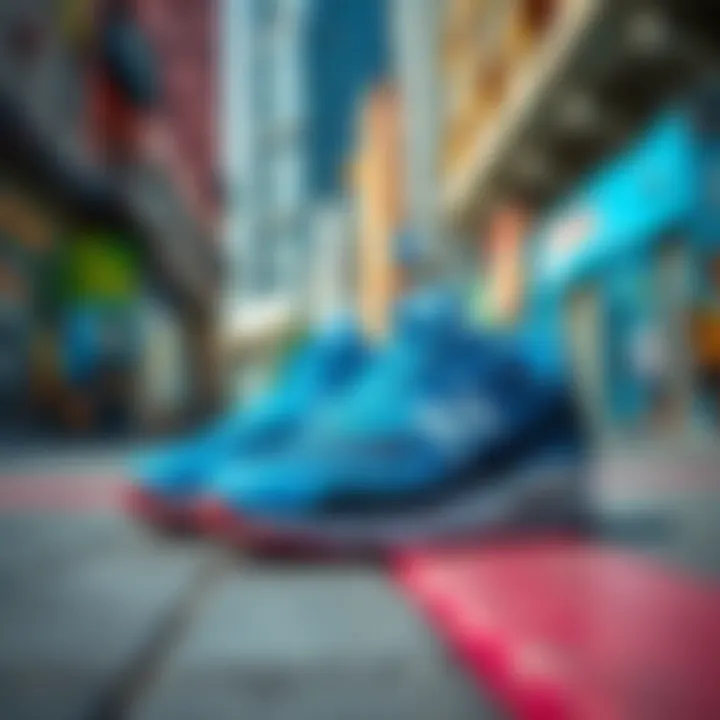 A stylish pair of blue sports shoes on a vibrant urban background
