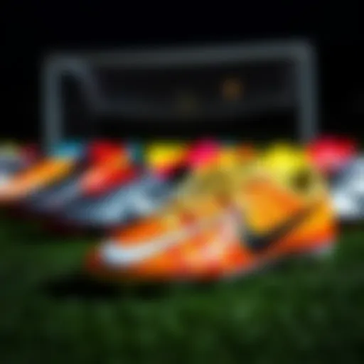 Various models of Nike children's soccer cleats showcasing vibrant designs