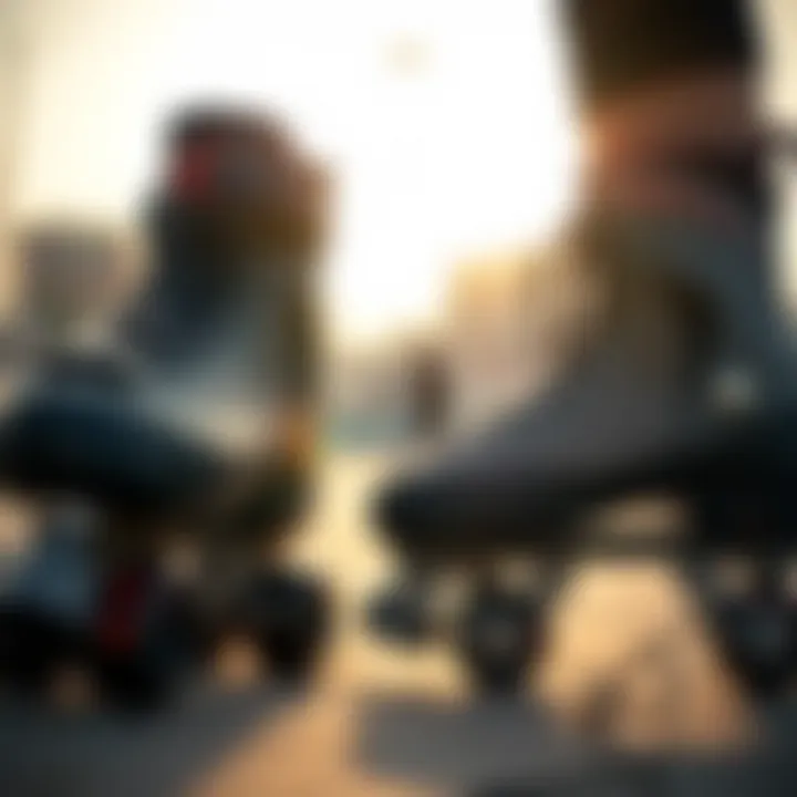 A close-up of roller skates, emphasizing the equipment used in skating.