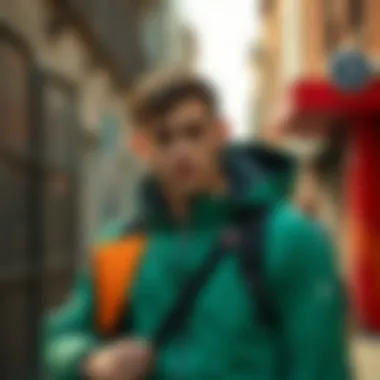 Stylish integration of Salomon's green sportswear in an urban environment