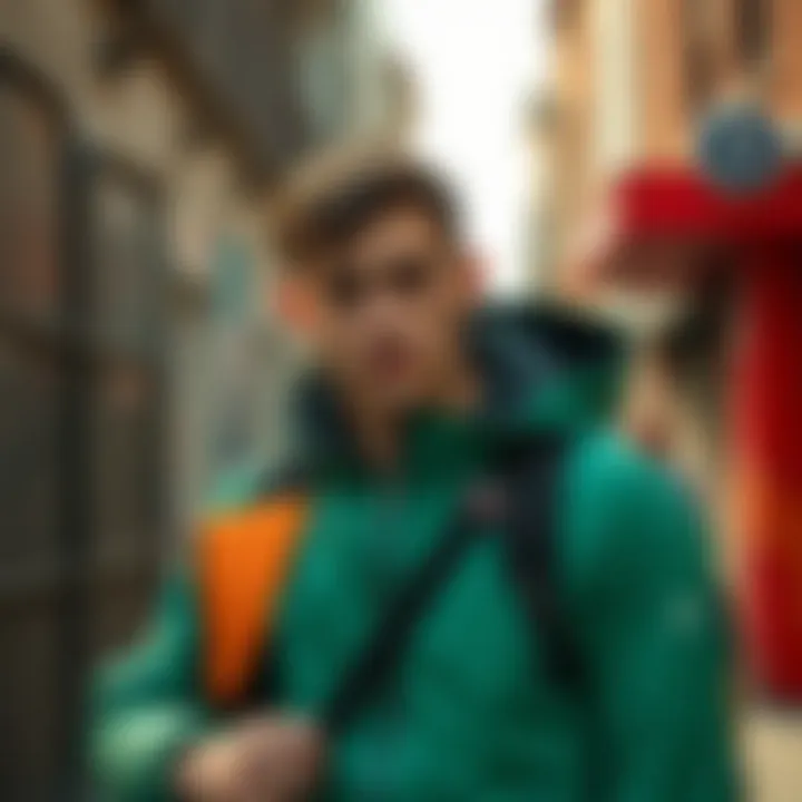 Stylish integration of Salomon's green sportswear in an urban environment