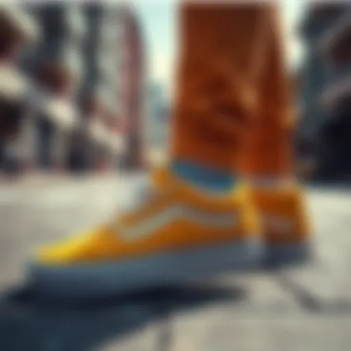 Yellow Vans shoes paired with athletic wear in an urban setting