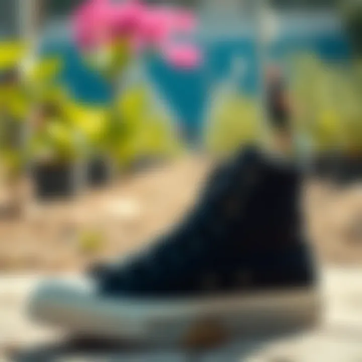 Black high-top Converse shoes in an outdoor setting with vibrant colors