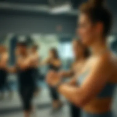 Group fitness class energizing participants with teamwork