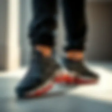 Stylish athletic shoes displayed with casual outfit