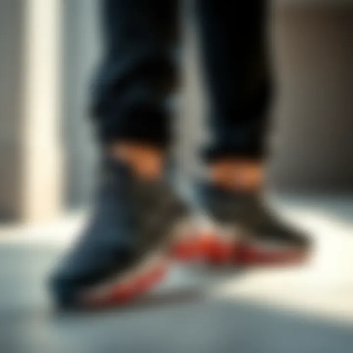 Stylish athletic shoes displayed with casual outfit