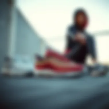 A stylish arrangement of sports shoes paired with fashionable athletic wear.