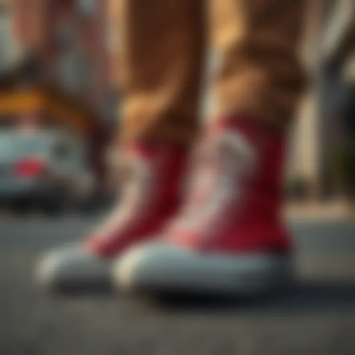 A close-up view of high-top shoes on a stylish urban street.