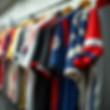 Various brands of sports jerseys displayed on a rack