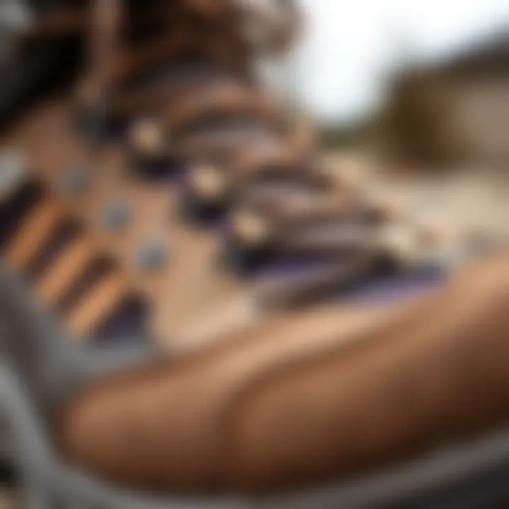 A close-up of hiking boot materials showcasing durability