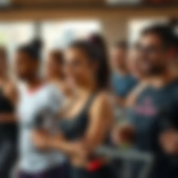 A group of individuals engaged in a lively fitness class, highlighting social aspects of group workouts.